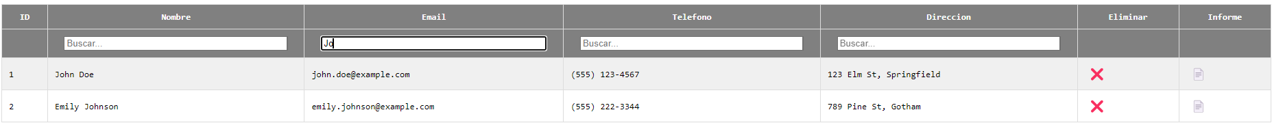Tabla con barra de búsqueda