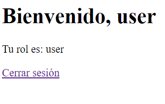 Pantalla de bienvenida al usuario user