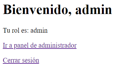 Pantalla de bienvenida al usuario admin
