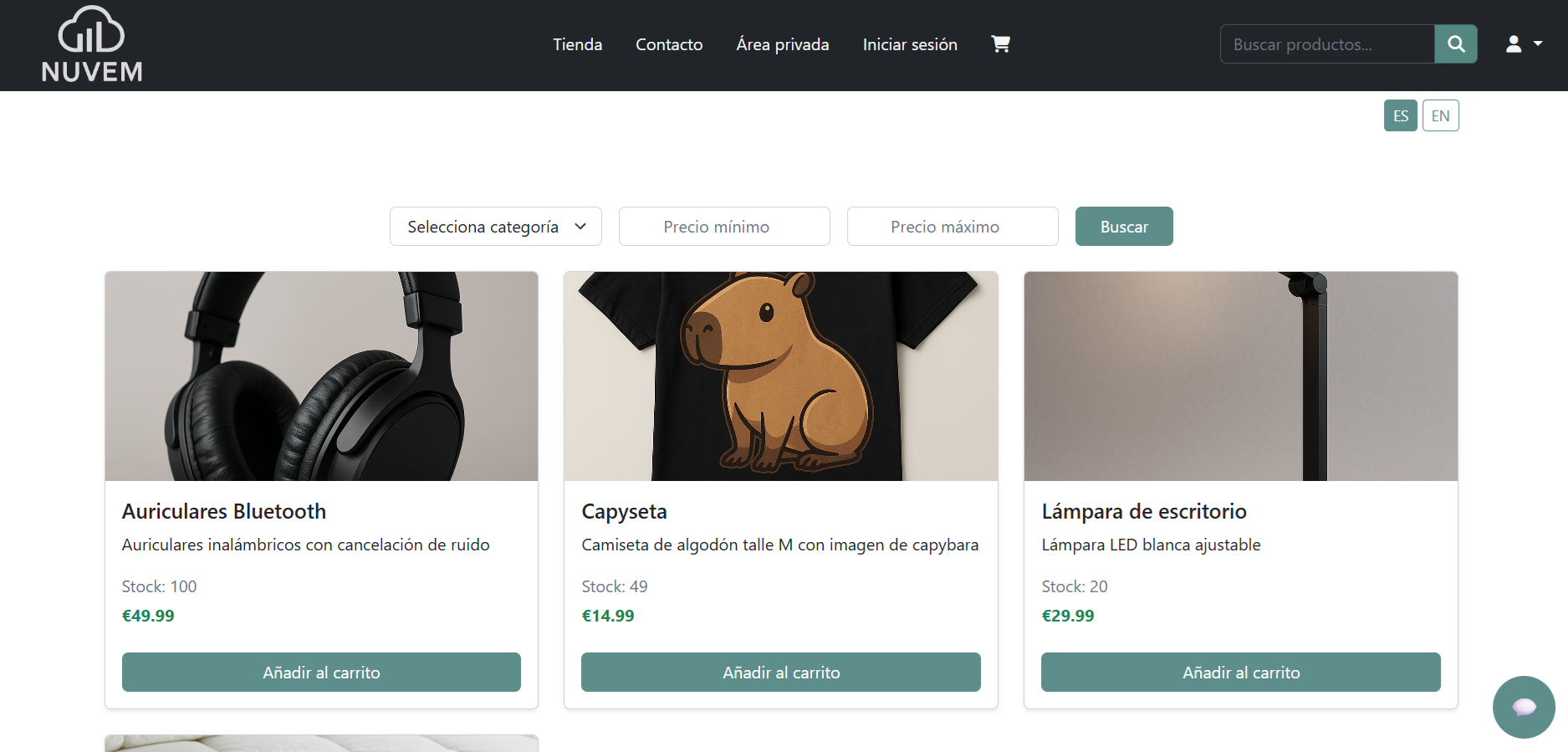 Vista inicial de la tienda