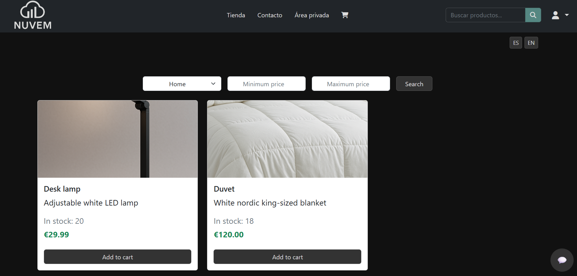 Tienda con búsqueda filtrada, en inglés, modo nocturno y letra ampliada