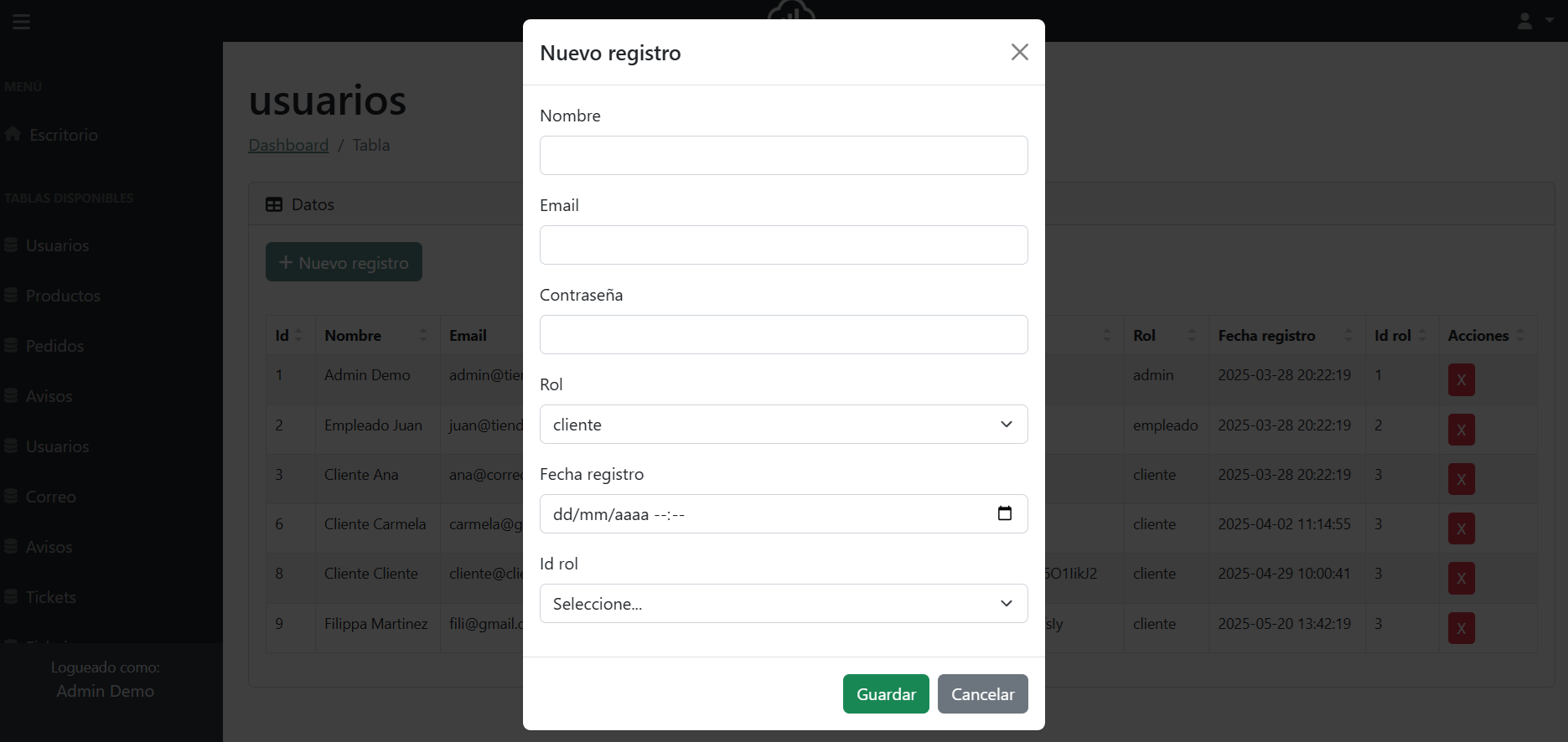 Modal de inserción de registros