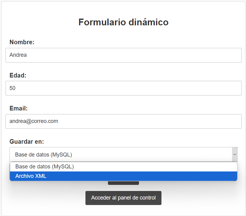 Formulario con desplegable para elección de almacenamiento